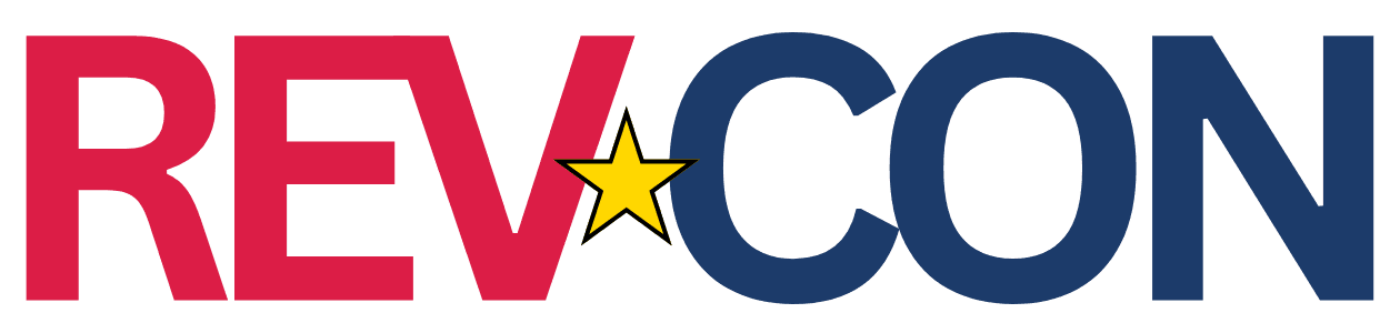 The word REVCON in bold letters—REV is in red, CON is in blue, and the V is stylized with a yellow star at its center—appears against a light gray background, representing the spirit of RevCon 2026.