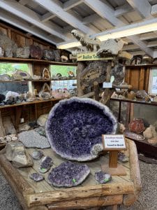 A large amethyst geode and smaller geode pieces are displayed on a wooden table in a rustic rock shop near the Lake George Area by Rail. Signs identify the geode as 220 lbs from Brazil, with rock and fossil specimens filling shelves in the background.