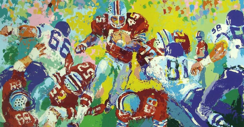Colorful, impressionistic painting of an American football game, capturing players in red and white facing off against blue and white on a vibrant background—perfect for USA 250: Celebrating the American Vision.