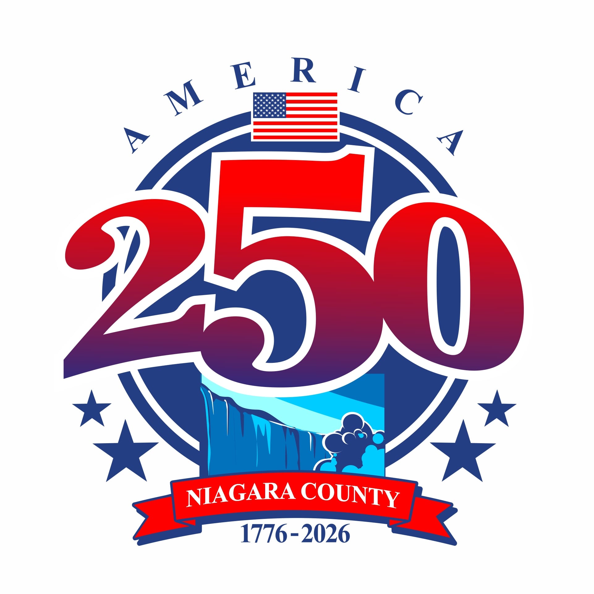 Logo for America’s 250th anniversary featuring a large 250, an American flag, Niagara Falls illustration, stars, and a red banner reading Niagara County 1776-2026—USA 250: Celebrating the American Vision.