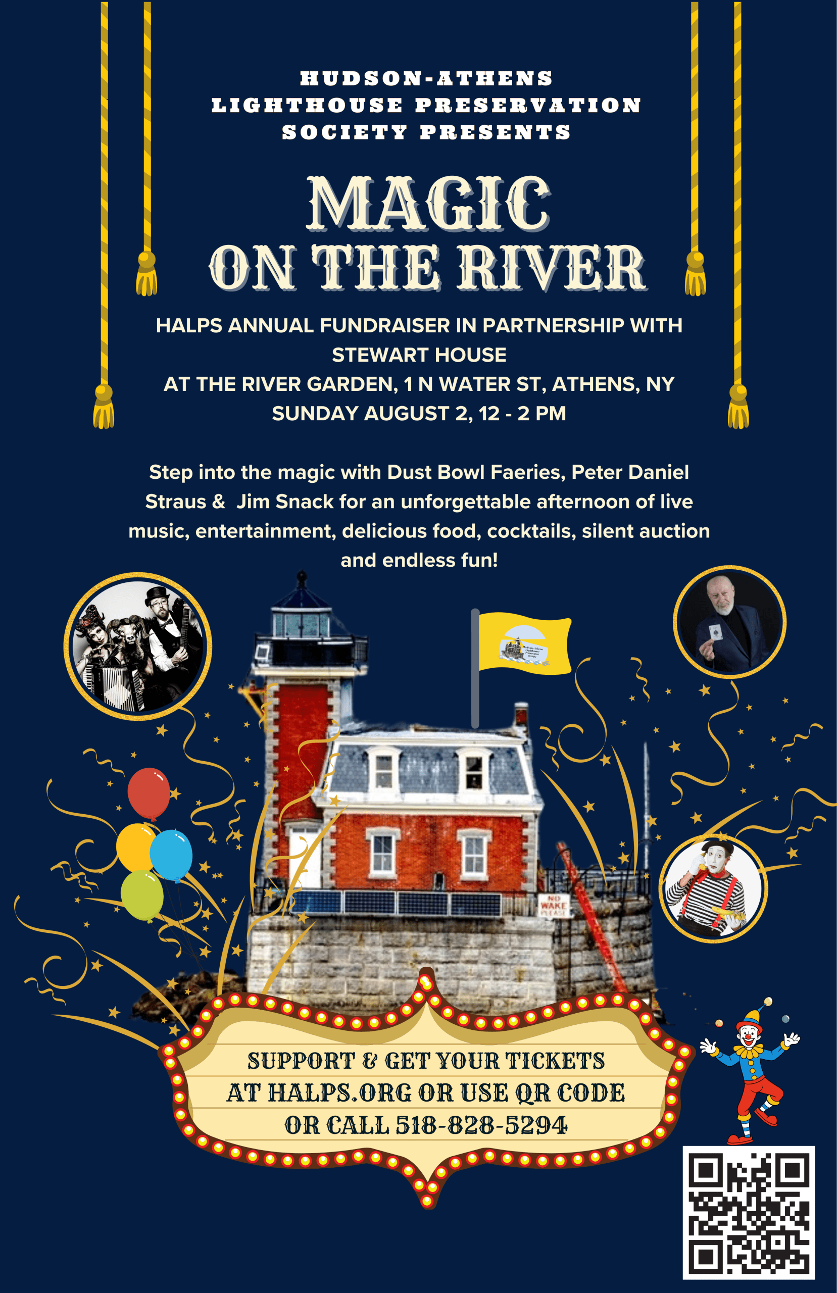 Colorful event poster with a magician, musical notes, balloons, and a river scene reminiscent of Osheaga’s vibrant atmosphere. Text promotes Magic on the River, a fundraiser on August 2, featuring music, magic, food, and tickets info.