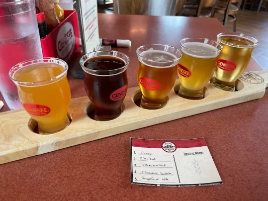 A wooden flight board holds five small glasses of beer, each a different color. A tasting notes card and a glass of water are nearby on the reddish-brown tabletop in a casual restaurant setting—a perfect stop on your Rochester Overnight Itinerary.