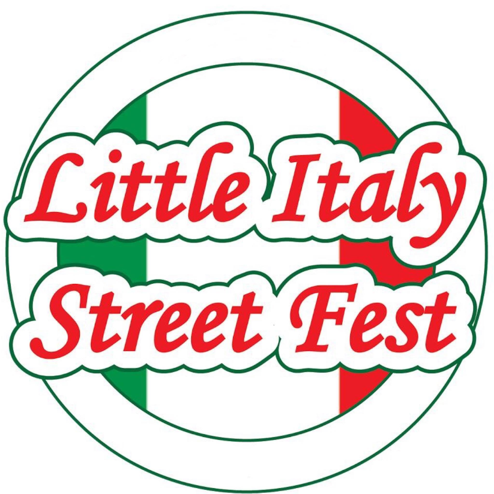 Logo for Little Italy Street Fest with text in red and white. Background features a circle divided into green, white, and red, resembling the Italian flag—capturing the vibrant spirit of a Wine and Food Festival.
