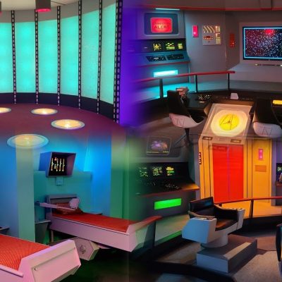 A split image of the Star Trek Original Series Set, showcasing the iconic Enterprise bridge with its control panels and chairs on one side, and the detailed sickbay featuring beds and medical equipment on the other.