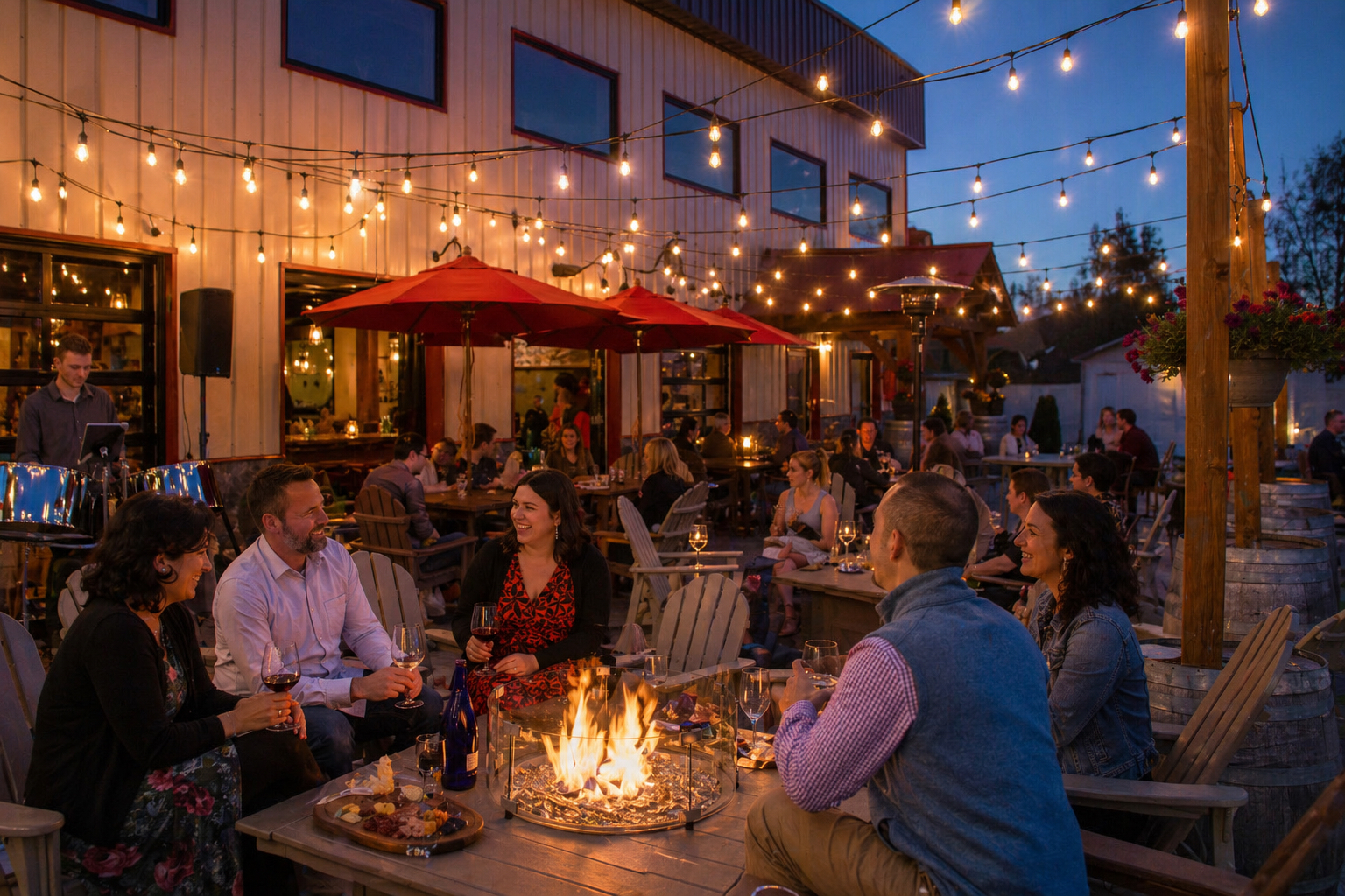 People sit around a fire pit on a patio at dusk, enjoying food and drinks under string lights. The atmosphere is lively, with more groups at tables and a building lit up in the background—many guests savoring selections from the Adirondack Craft Beverage Trail.