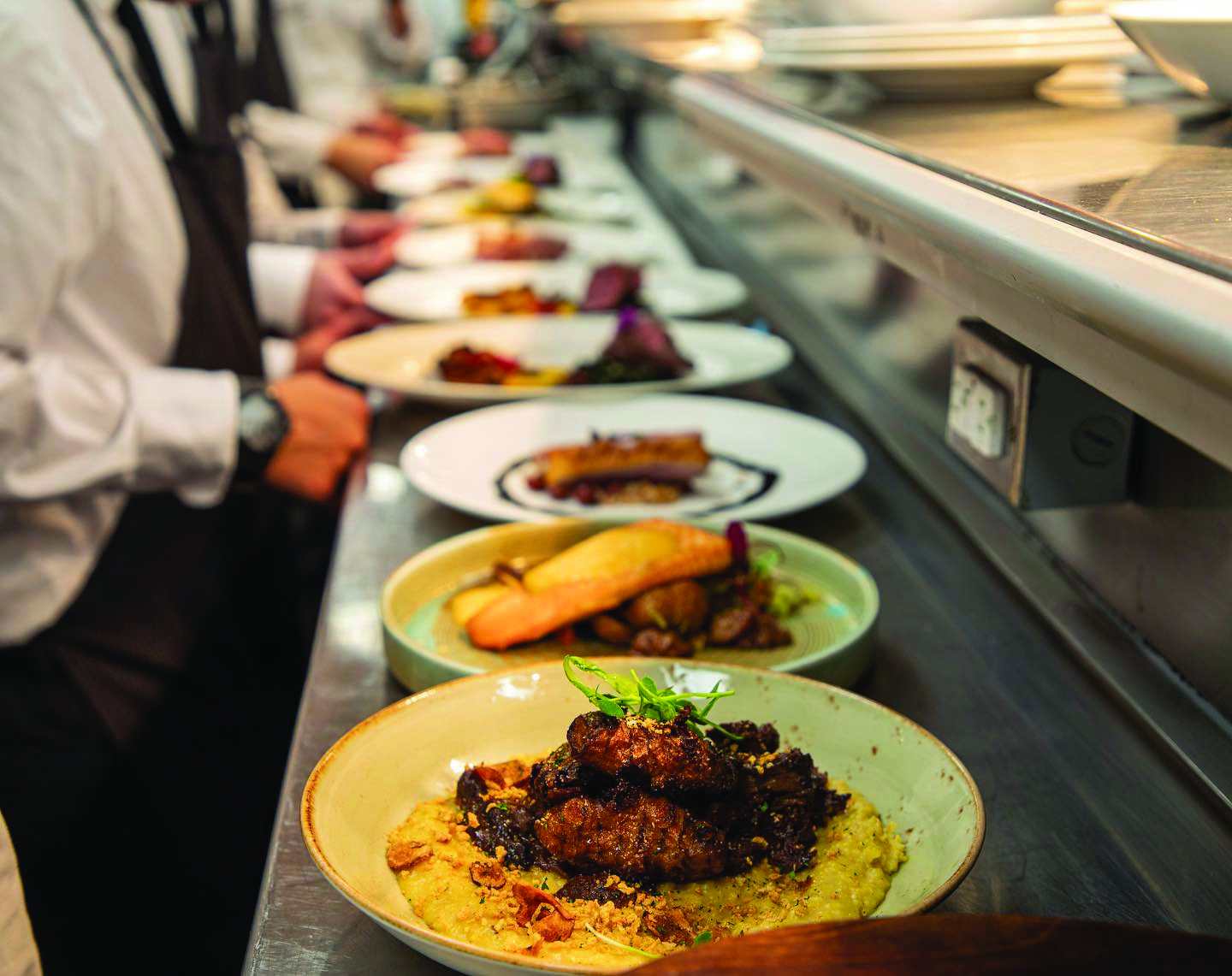 A row of plated gourmet dishes sits on a kitchen counter at Terrapin Restaurant, ready to be served by staff in white shirts and aprons. The focus is on the front plate, which features a meat dish on a bed of grains.