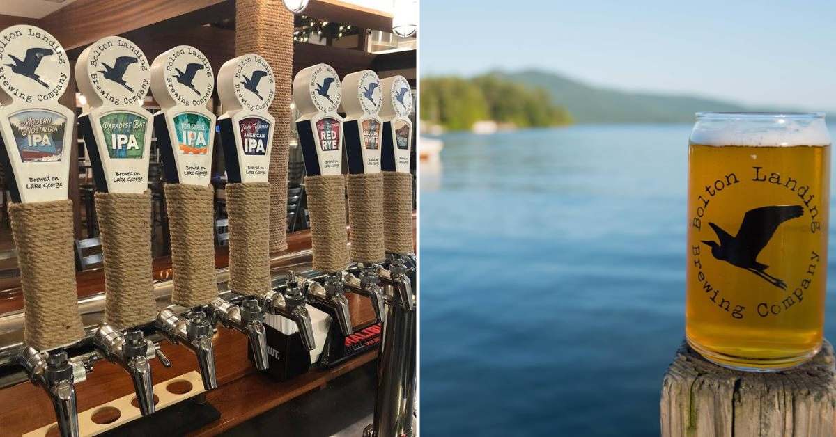 A row of beer taps with bird logos on the left; on the right, a pint glass with Bolton Landing Brewing Company sits on a railing by a lake with trees and hills in the background, capturing the spirit of the Adirondack Craft Beverage Trail.