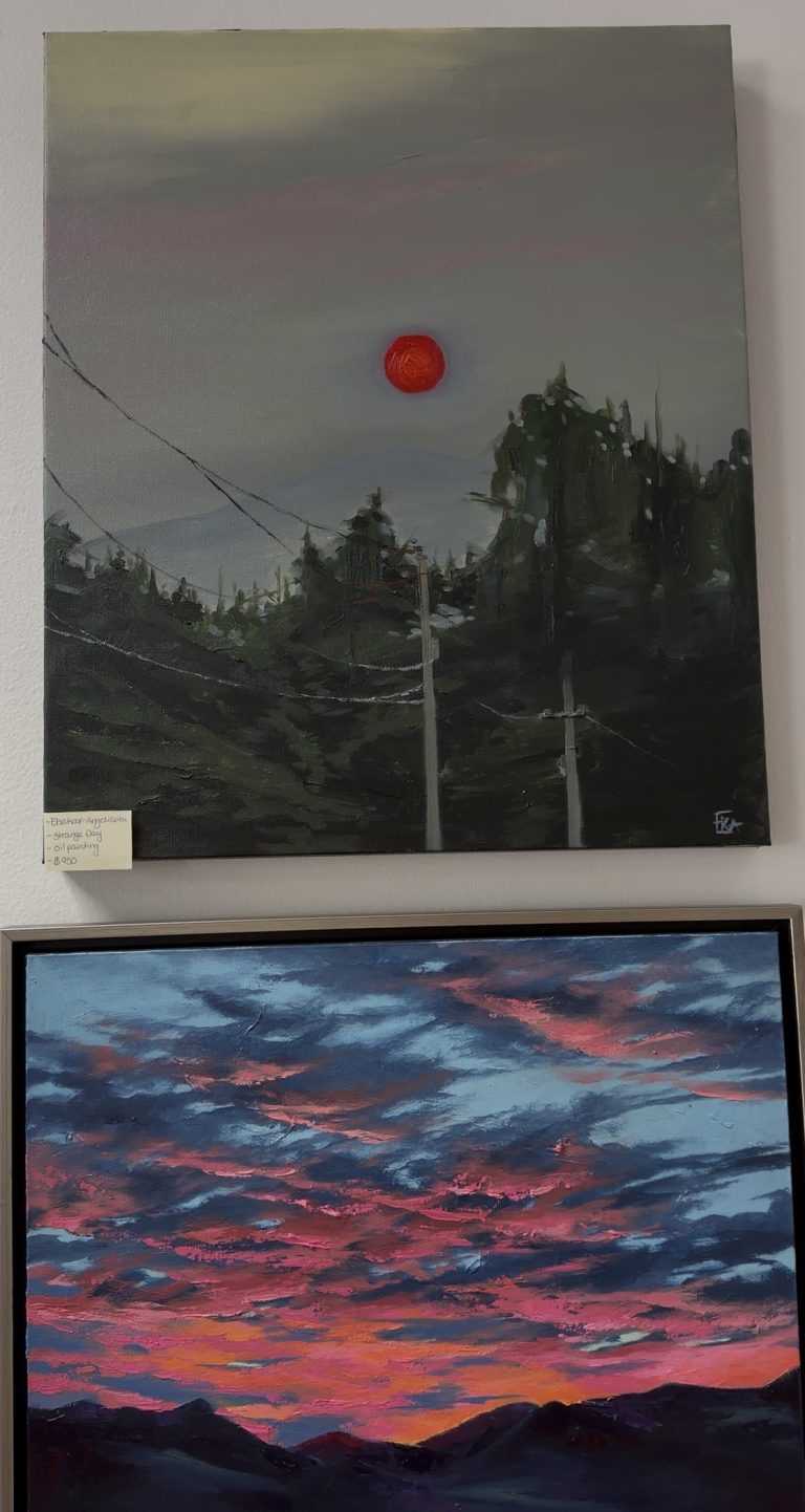 Two landscape paintings: the top shows a dark, forested scene with a red sun in a gray sky; the bottom evokes the journey as Miss New York Explores Albany NY by Amtrak, beneath pink and blue cloud-filled skies.
